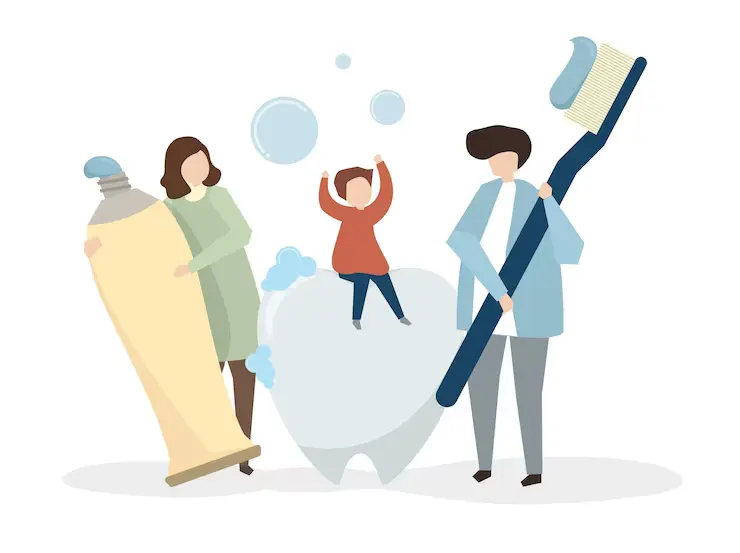 Family Image Cartoonized Holding Toothbrush and Toothpaste